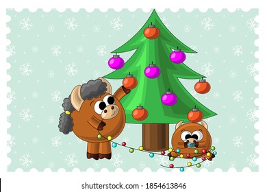 Christmas card with cute cartoon bull baby and garland