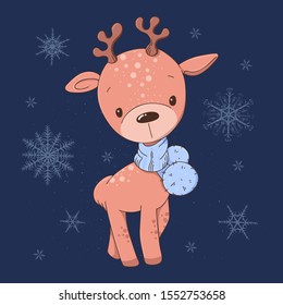 Christmas card cute cartoon deer in a blue scarf.
