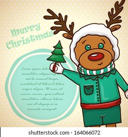 Christmas card with cute cartoon deer. Vector illustration