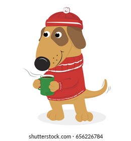 Christmas card with cute cartoon dog warm hat and sweater and coffee. On a white background. Vector illustration.