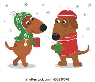 Christmas card with cute cartoon dogs wearing hats and sweater and coffee. A couple in love. On a white background. Vector illustration.