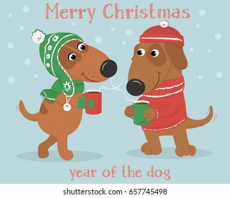 Christmas card with cute cartoon dogs wearing hats and sweater and coffee. A couple in love. On a blue background. Vector illustration.