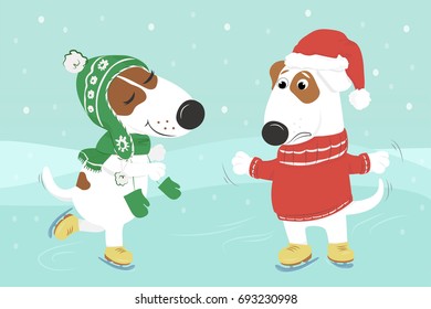 Christmas card with cute cartoon dogs in hats and sweater skate under the snow. A couple in love. Vector illustration.