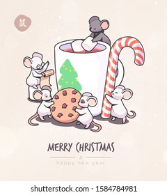 Christmas card with cute cartoon mice in vector. Funny and happy new year of mouse or rat. Chinese symbol 2020 new year.