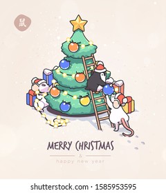 Christmas card with cute cartoon mice in vector. Funny and happy new year of mouse or rat. Chinese symbol 2020 new year.