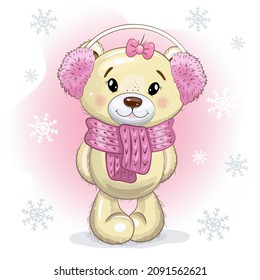 Christmas card Cute Cartoon Teddy Bear Girl in fur headphones and a scarf on a pink - white background with snowflakes. Vector illustration.