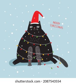 Christmas card with cute cat in garlands