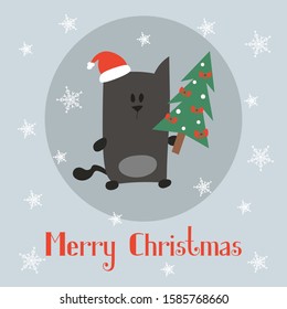 Christmas card with cute cat in hat and Christmas tree on light background with snowflakes