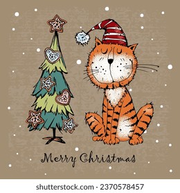Christmas card with a cute cat in a hat with gifts.  Vector.