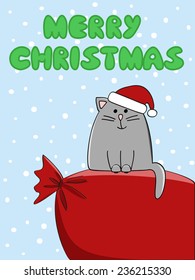 Christmas card with a cute cat on a big sack