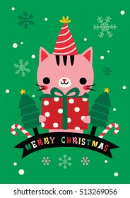 Christmas card with cute cat, Poster, Party Invitation,Greeting card, Vector Illustration.
