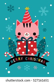 Christmas card with cute cat, Poster, Party Invitation,Greeting card, Vector Illustration.