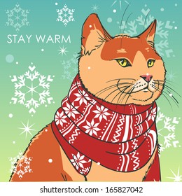 Christmas card with cute cat in scarf