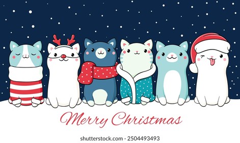 Christmas card with cute cats in scarves and hats. Winter holiday greeting card with kawaii kittens. Vector illustration EPS8