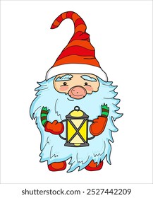 A Christmas card with a cute character with a beard and a Santa Claus hat. Vector isolate on a transparent background