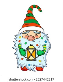 A Christmas card with a cute character with a beard and a Santa Claus hat. Vector isolate on a transparent background