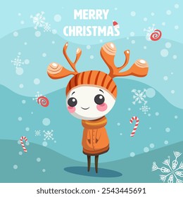 Christmas card with cute character with deer antlers