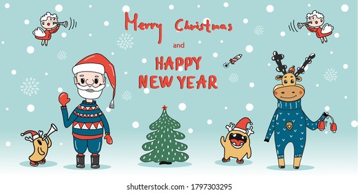 Christmas card with cute characters Santa Claus, reindeer, angels on a background of snowflakes and Christmas tree.hand-drawn vector illustration in cartoon style.happy new year 2021 and Christmas
