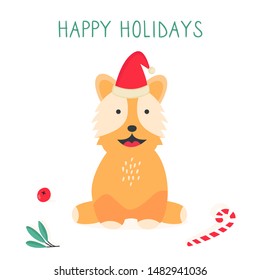 Christmas card with cute corgi dog. Holiday seasons greetings