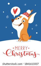 Christmas card with cute corgi puppy in Christmas hat. Merry Christmas greeting poster with cute cartoon corgi dog. 