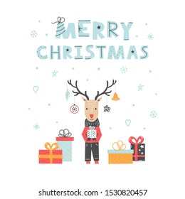 Christmas card with cute deer, gift and lettering. Cute hand drawn flat color illustration on a white background. Vector cartoon  for t-shirt print, postcard, poster