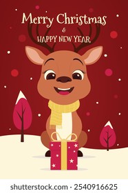 Christmas card with cute deer, gift and festive background. Perfect for holiday greetings, gift cards, and seasonal decorations