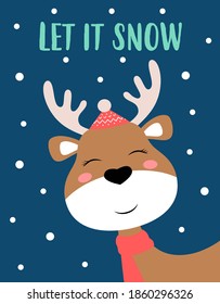 christmas card with cute deer and lettering let it snow, vector illustration, element of new year, cartoon animal isolated on snow background
