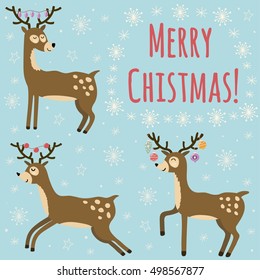 Christmas card with cute deers. Vector illustration
