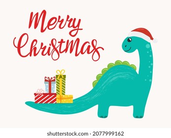 Christmas card with cute dinosaur in Santa Claus hat with gifts on his tail. Merry Christmas.