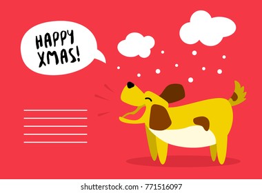 Christmas card with cute dog and snow clouds on red background. Flat style. Vector.