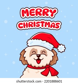 Christmas card with cute dog wearing Santa Claus hat. Vector illustration in cartoon style