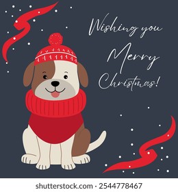 Christmas card with cute dog. Winter animal illustration. Christmas character. Simple flat style