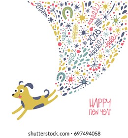 Christmas card with cute dog. Year of the yellow dog. 
