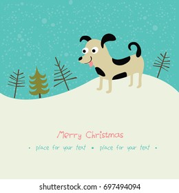 Christmas card with cute dog. Year of the yellow dog. 