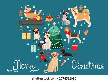 Christmas card with cute dogs in cartoon style.
