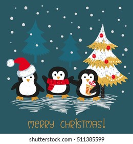Christmas card with cute doodle penguins. Vector illustration. 