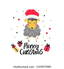 Christmas card with cute doodle sheep in Santa hat, gifts and text - Merry Christmas, isolated on white background. Vector illustration.