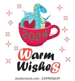 Christmas card with cute dragon. Year of the Dragon 2024, China