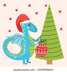 Christmas card with cute dragon. Year of the Dragon 2024, China