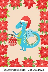 Christmas card with cute dragon. Year of the Dragon 2024, China