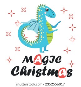 Christmas card with cute dragon. Year of the Dragon 2024, China