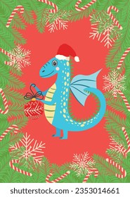 Christmas card with cute dragon. Year of the Dragon 2024, China