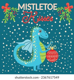 Christmas card with cute dragon. Year of the Dragon 2024, China