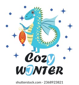 Christmas card with cute dragon. Year of the Dragon 2024, China