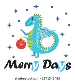 Christmas card with cute dragon. Year of the Dragon 2024, China