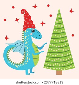 Christmas card with cute dragon. Year of the Dragon 2024, China