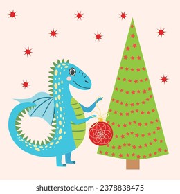 Christmas card with cute dragon. Year of the Dragon 2024, China