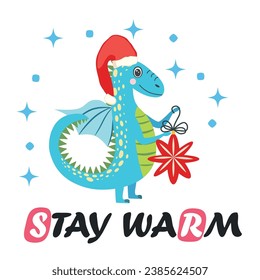 Christmas card with cute dragon. Year of the Dragon 2024, China