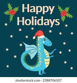 Christmas card with cute dragon. Year of the Dragon 2024, China