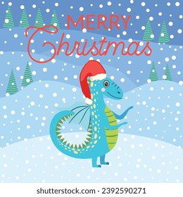 Christmas card with cute dragon. Year of the Dragon 2024, China